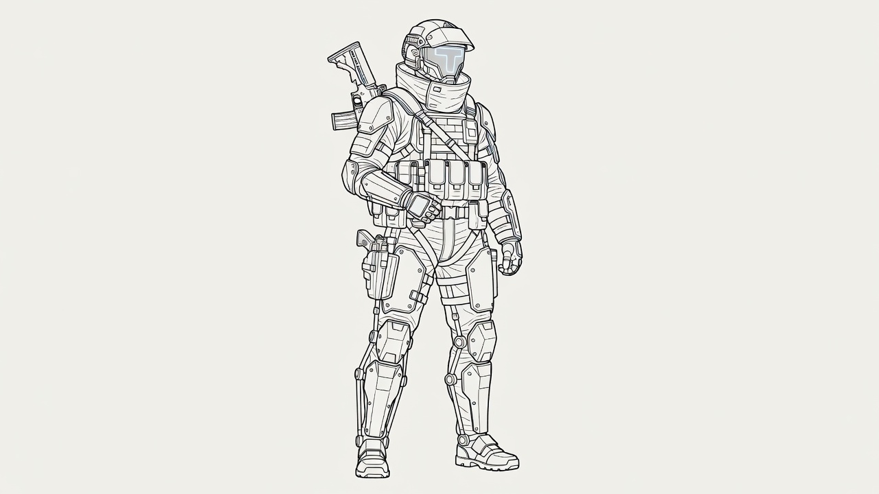 Line art of a tactical sci-fi soldier wearing a fully enclosed kevlar helmet with a brim and that has a glowing t-shaped visor, A thick flak jacket that has a large collar and load bearing rig over it