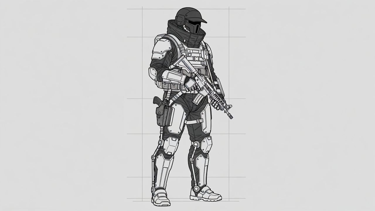 Line art of a tactical sci-fi soldier wearing a fully enclosed kevlar helmet with a brim and a t-shaped visor, A thick flak jacket that has a large collar and load bearing rig over it, polymer armor p
