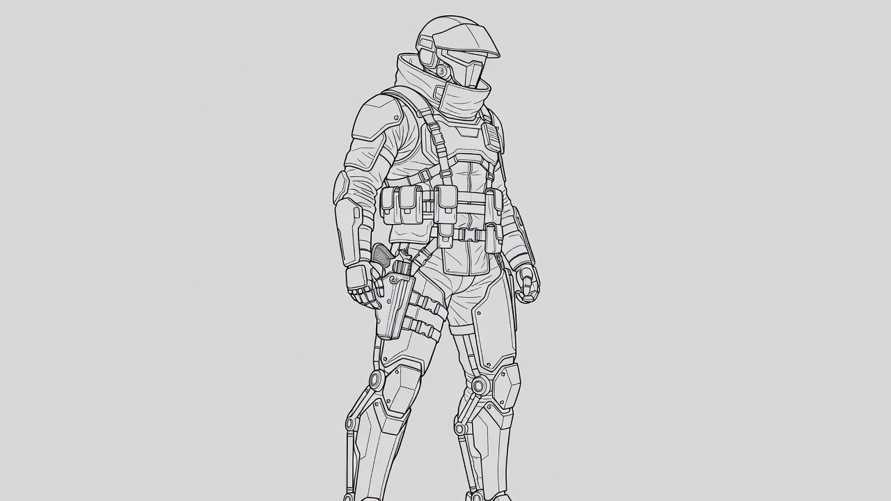 Line art of a tactical sci-fi soldier wearing a fully enclosed kevlar helmet with a brim and a t-shaped visor, A thick flak jacket that has a large collar and load bearing rig over it, smooth polymer 