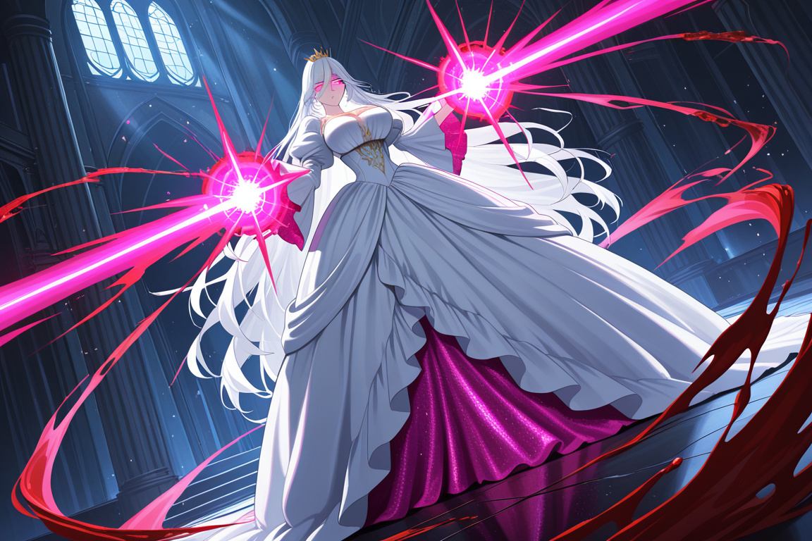 anime style, princess, white hair, pink undertones, pretty dress, large bust, large woman, mature female, blood execution beam, elegant gown, ornate dress, flowing fabric, magical attack, crimson ener