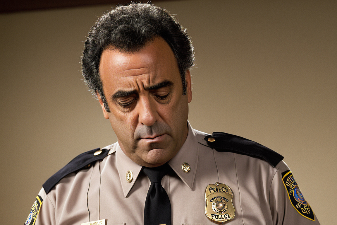 realistic, Brad Garrett, frowning and looking down, police uniform