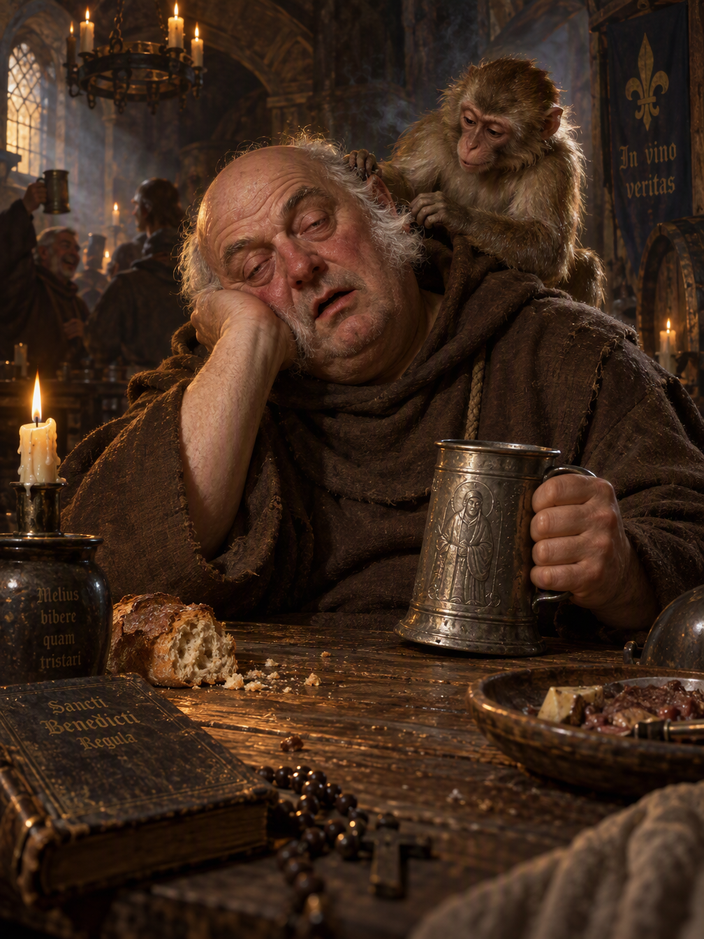 a medieval-style painting, a european monk sitting behind a wooden table, bald, receded hairline, horseshoe-pattern baldness, sideburns, white hair, tankard in his hand, a tired drunk expression on hi