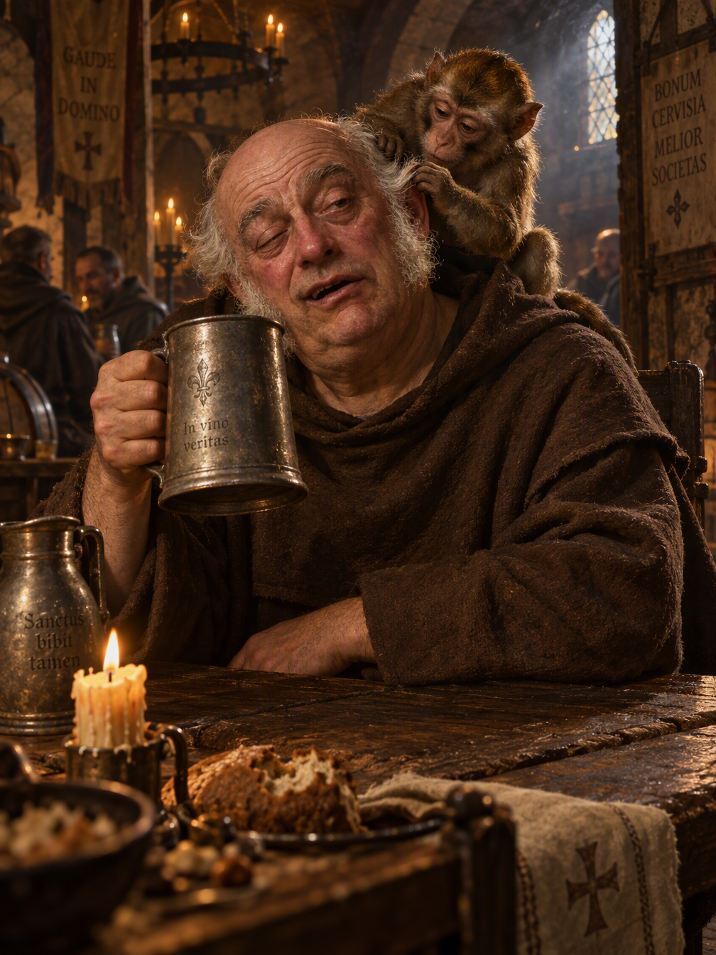 a medieval-style painting, a european monk sitting behind a wooden table, bald, receded hairline, horseshoe-pattern baldness, sideburns, white hair, tankard in his hand, a tired drunk expression on hi