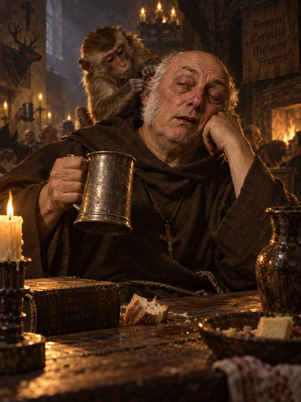a medieval-style painting, a european monk sitting behind a wooden table, bald, receded hairline, horseshoe-pattern baldness, sideburns, white hair, tankard in his hand, a tired drunk expression on hi