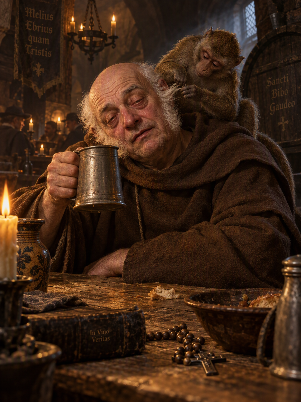 a medieval-style painting, a european monk sitting behind a wooden table, bald, receded hairline, horseshoe-pattern baldness, sideburns, white hair, tankard in his hand, a tired drunk expression on hi
