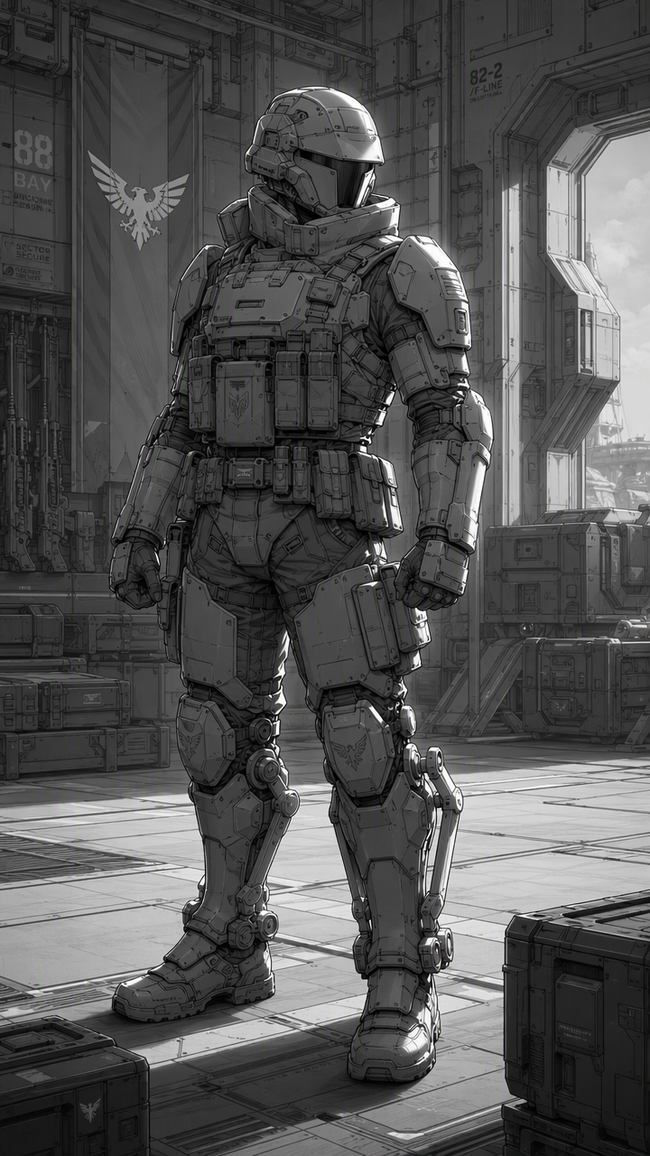 anime style, line art, sci-fi soldier, fully enclosed kevlar high cut helmet, brim overhanging t-shaped visor, thick flak jacket, large collar, old load bearing rig, smooth polymer armor plates, thigh