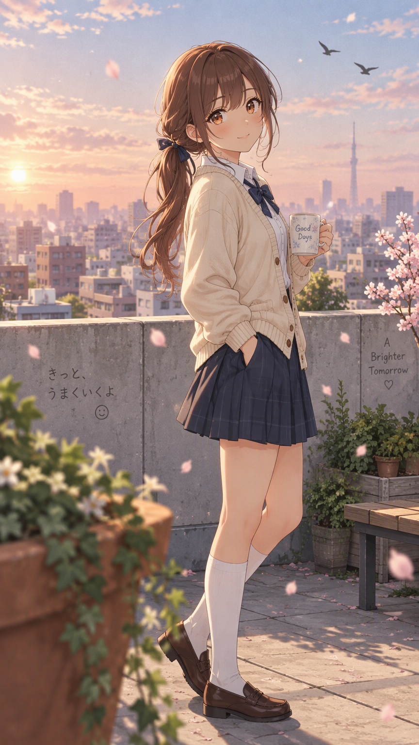 High level description •A modern anime style image, bold clean outlines, cel shading, of a young girl with chestnut-brown hair in a side ponytail standing on a rooftop garden at late afternoon, holdin