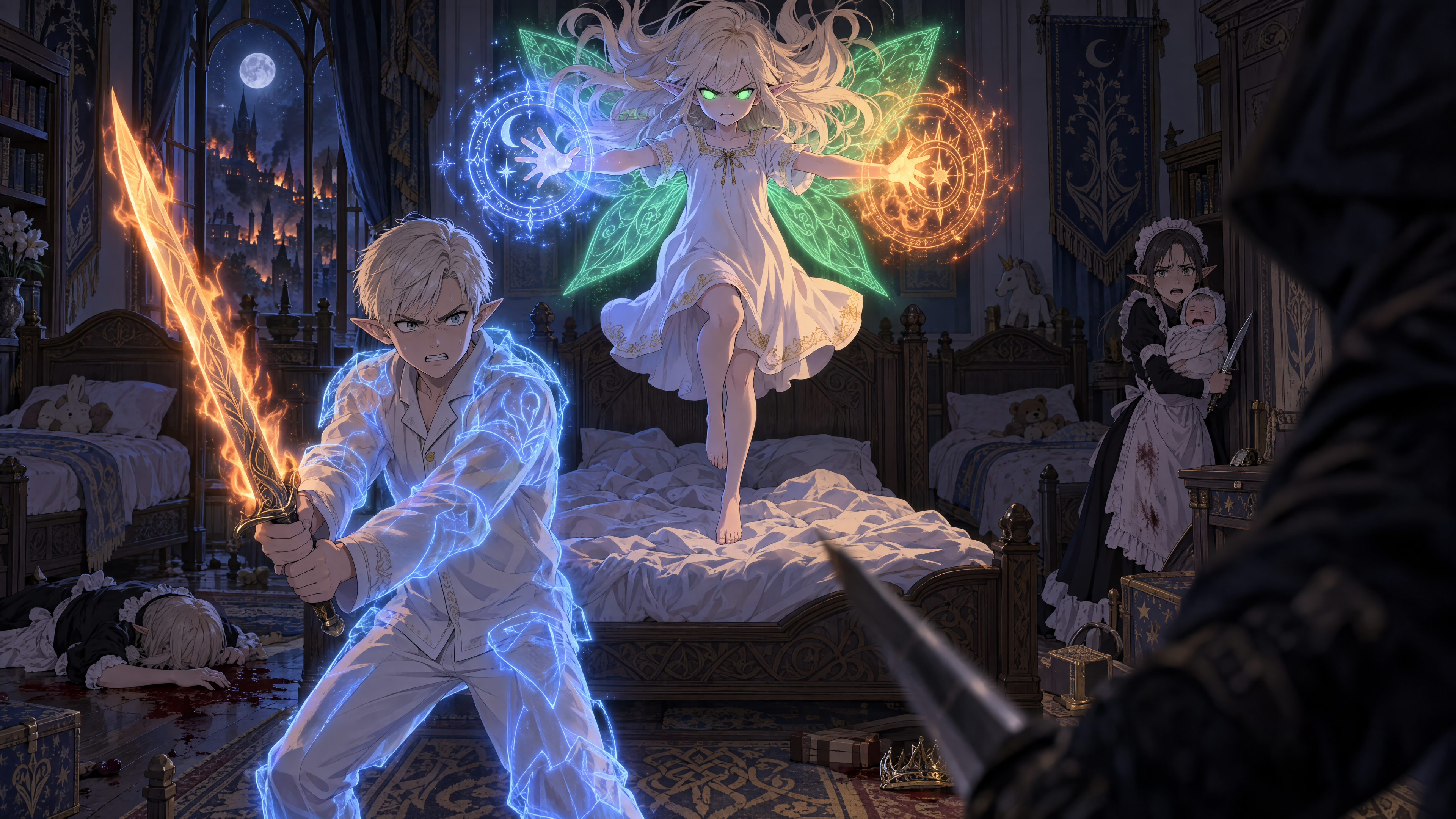 High level description 
•A modern anime style image, bold clean outlines, cel shading, of a young elf girl, with long platinum blonde hair flowing upwards levitating over her bed upright with eyes glo