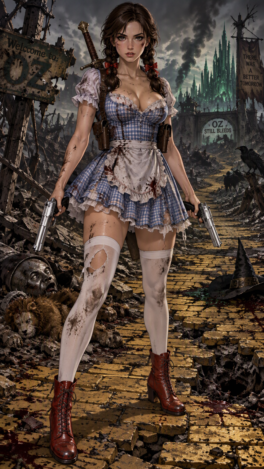 A full length modern anime style, bold clean outlines, cel shading, detailed image of a beautiful young brunette woman  young, attractive woman as a sexy version of Dorothy from The Wizard of Oz. Her 