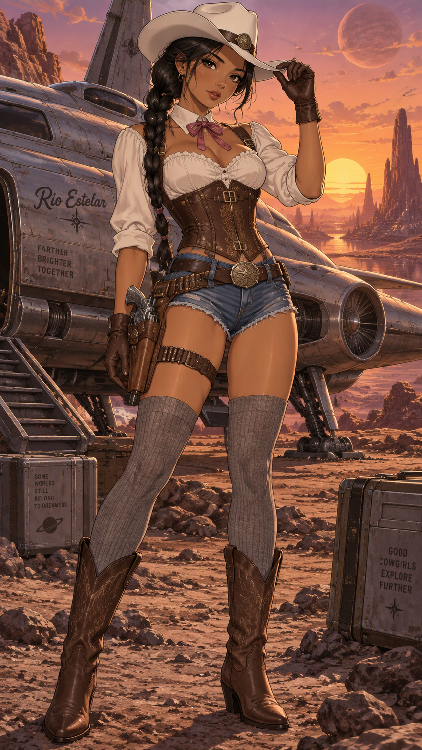 A full length modern anime style, bold clean outlines, cel shading, detailed image of a beautiful young  young Latina woman with bronze skin, delicate features, and long dark hair styled in a braided 
