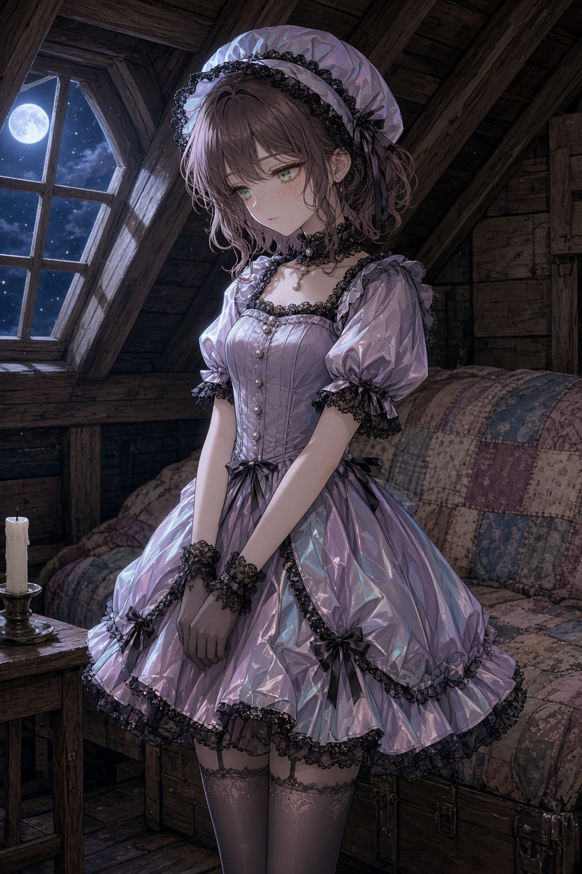 Anime style: feminine young person in pastel taffeta skirt, black lace trim, pearl buttons, choker, bonnet, freckles, green eyes, sheer stockings, standing in moonlit attic, wooden beams, patchwork qu