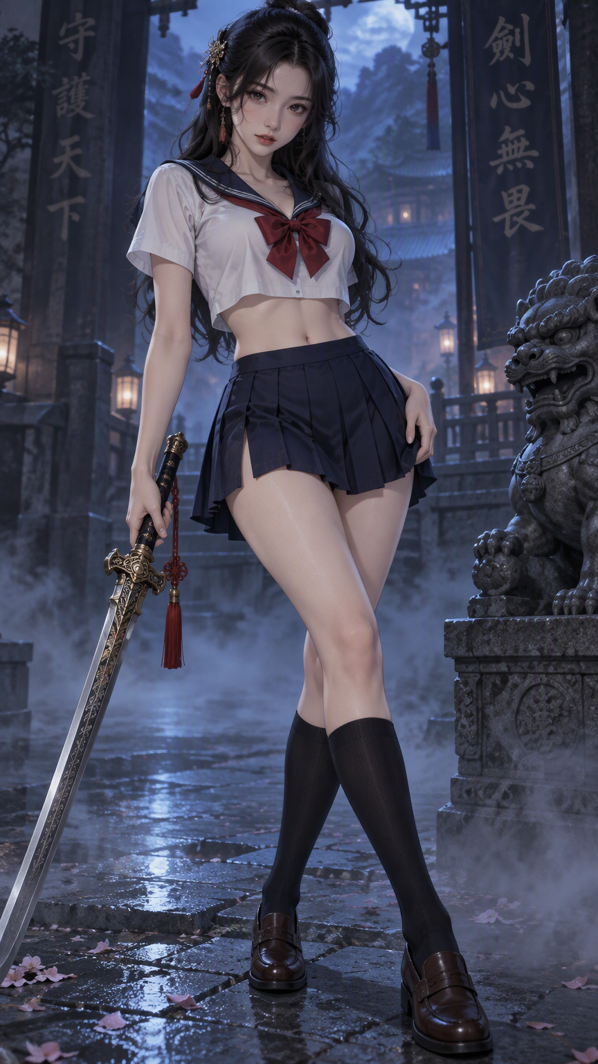 A full length modern anime style, bold clean outlines, cel shading, detailed image of a young, attractive Chinese woman with with porcelain skin, dark eyes, delicate features and her hair styled in ge