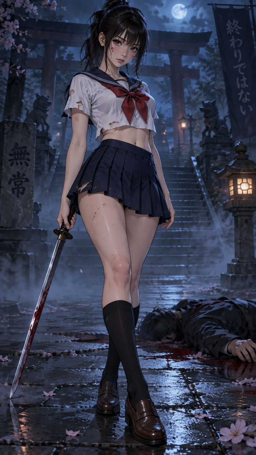 A full length modern anime style, bold clean outlines, cel shading, detailed image of a young, attractive japanese woman with porcelain skin, dark eyes, delicate features and her hair styled in a loos