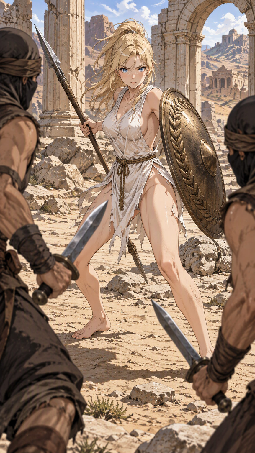 A full length modern anime style, bold clean outlines, cel shading, detailed image of a blonde amazonian warrior with porcelain skin, blue eyes, delicate features, and long lustrous hair styled in a l