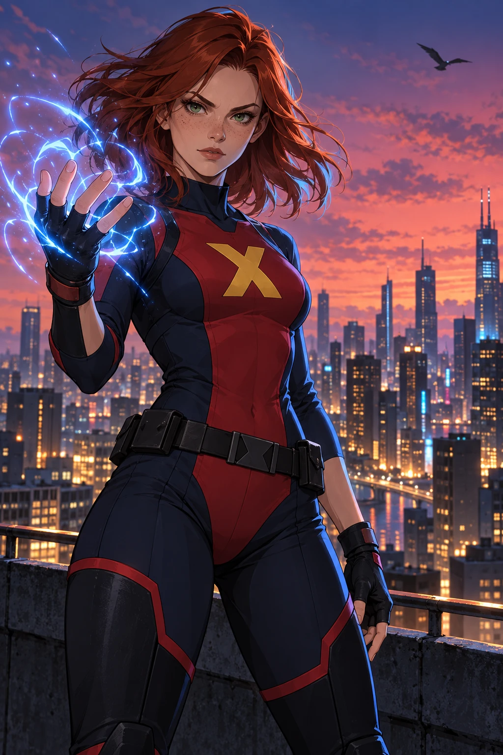 High level description
    • •A modern anime-style illustration of a young X-Men member standing on a windswept rooftop at dusk, raising one hand with kinetic energy crackling between her fingers, set