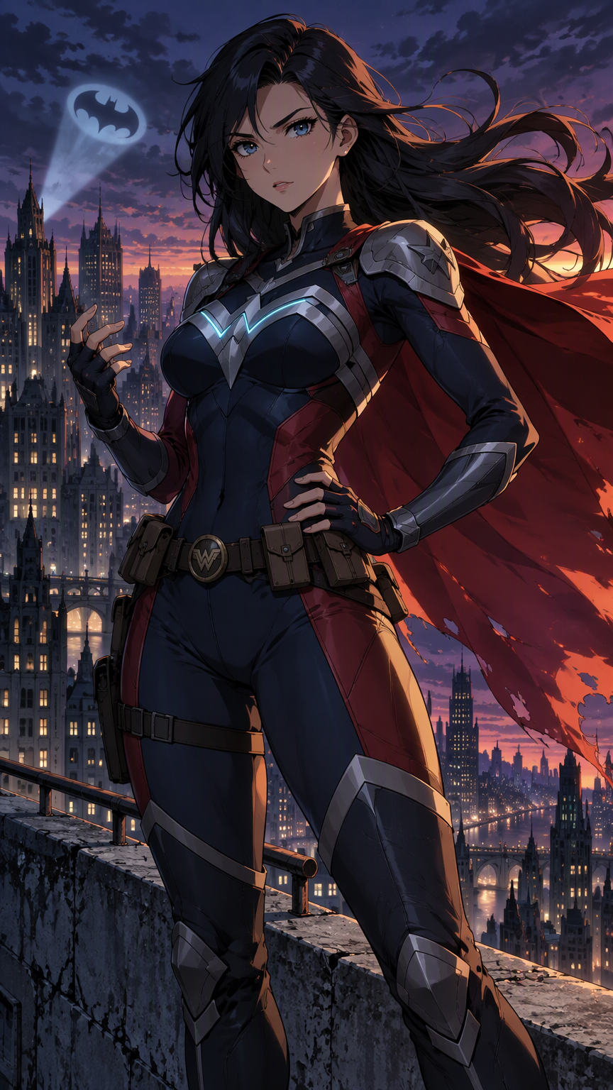 High level description

    •A modern anime-style illustration of a young female Justice League hero standing on a Gotham skyscraper rooftop at dusk, cape billowing behind her, with the city skyline a