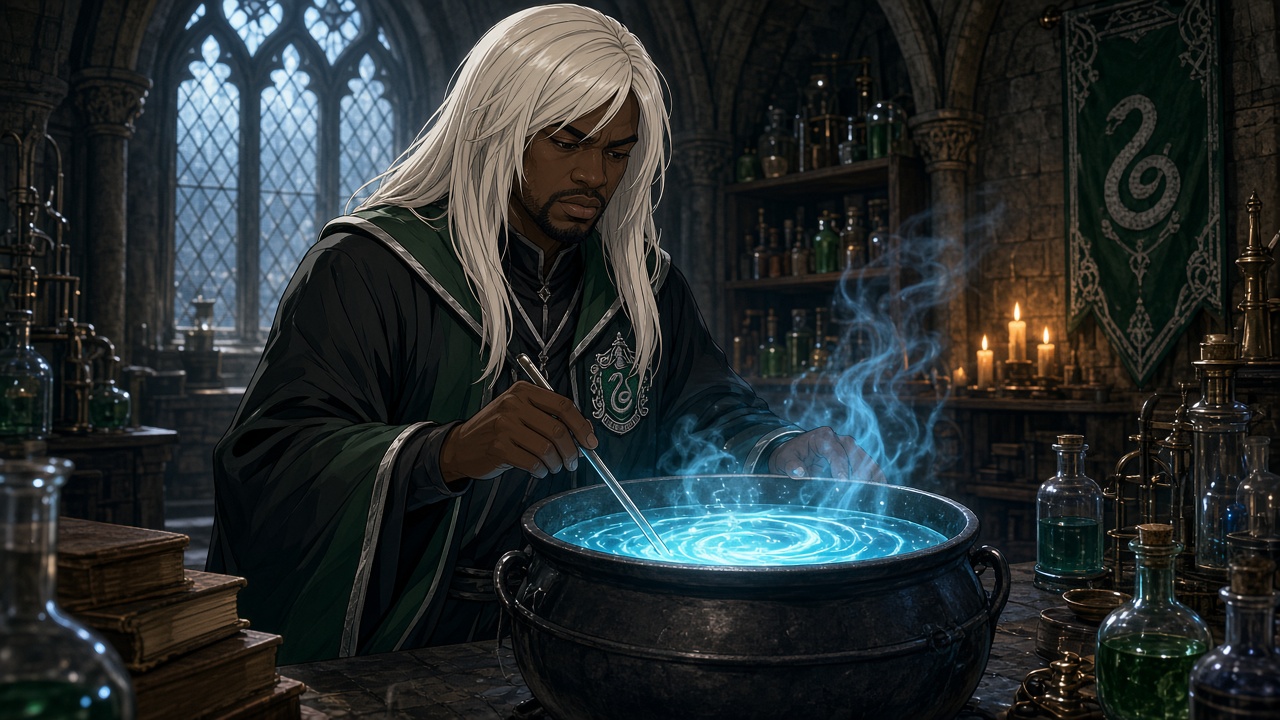 Anime George Floyd with a long blonde wig like malfoid and dressed in house slytherin robes brewing a pale blue potion in the potion lab of Hogwarts
