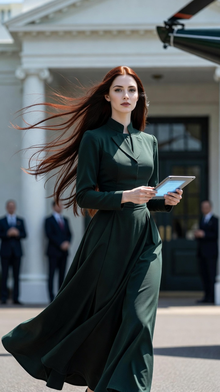 extremely thin pale woman with waist-long thick straight dark red hair in a dark green dress, the dress is a modern update of 1890's walking gown, she is facing the viewer leaving the White House in s