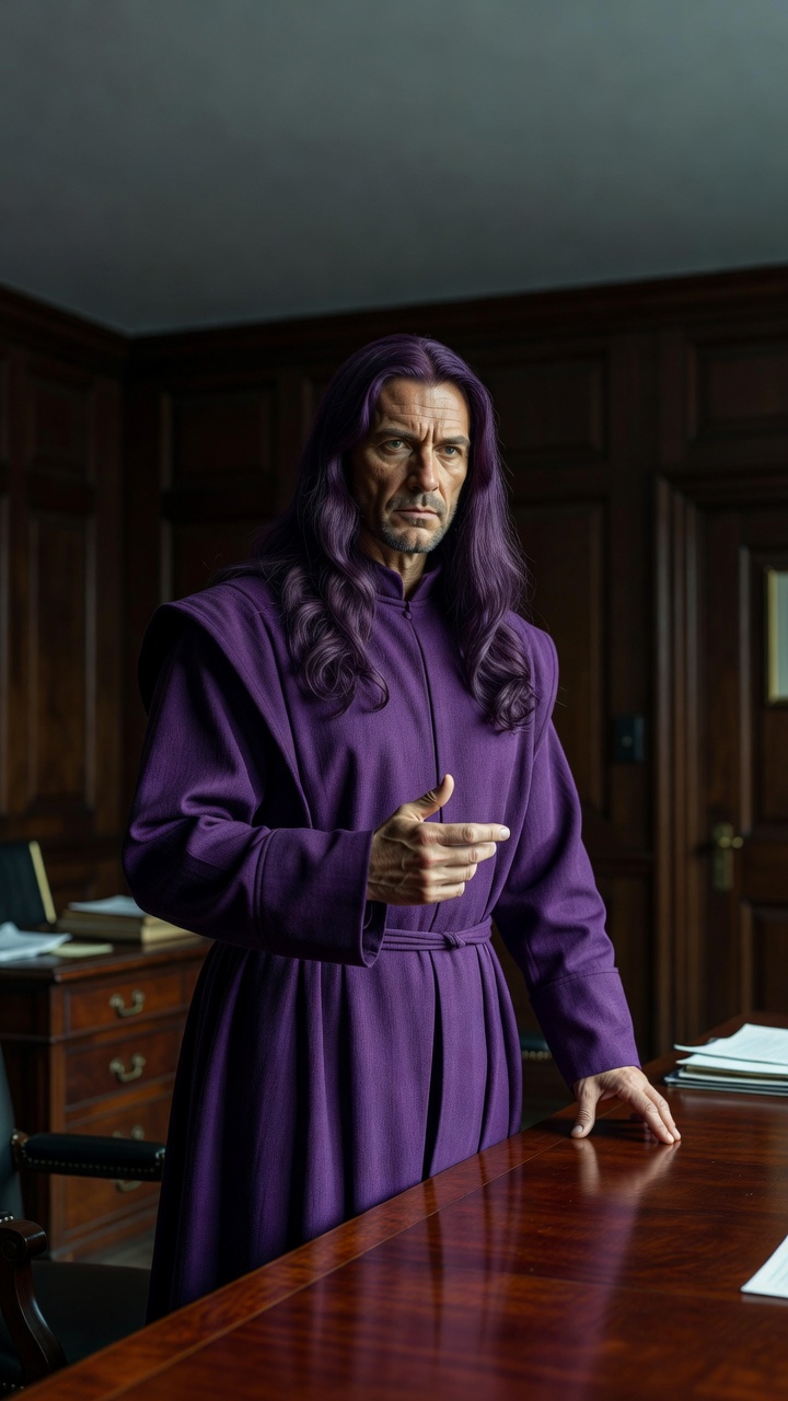 photorealistic, RAW photo, a strong fit Scotsman in his early fifties with long wavy dark violet hair falling past his shoulders, a short 5-o'clock shadow, weathered lines around the eyes, and a world