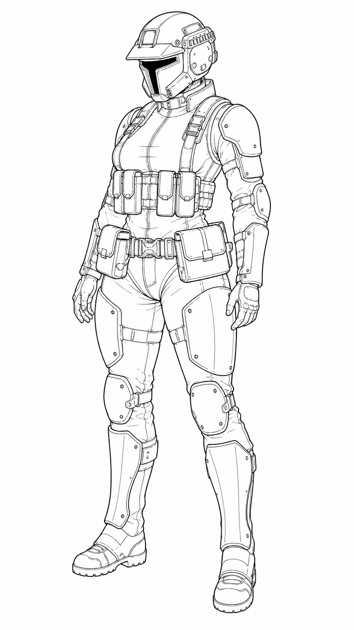 Line art of a tactical sci-fi soldier wearing a fully enclosed Kevlar high cut helmet with a brim overhanging a thin t-shaped visor and an old load bearing rig. Large pouches are attached to the front