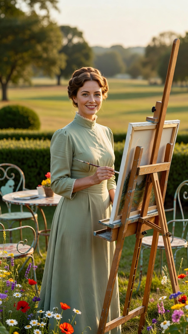 photorealistic, RAW photo, a thirty-year-old woman portrayed as an aged version of Princess Anastasia Romanoff, late daughter of Tsar Nicholas III, standing at a wooden easel outdoors and painting wit
