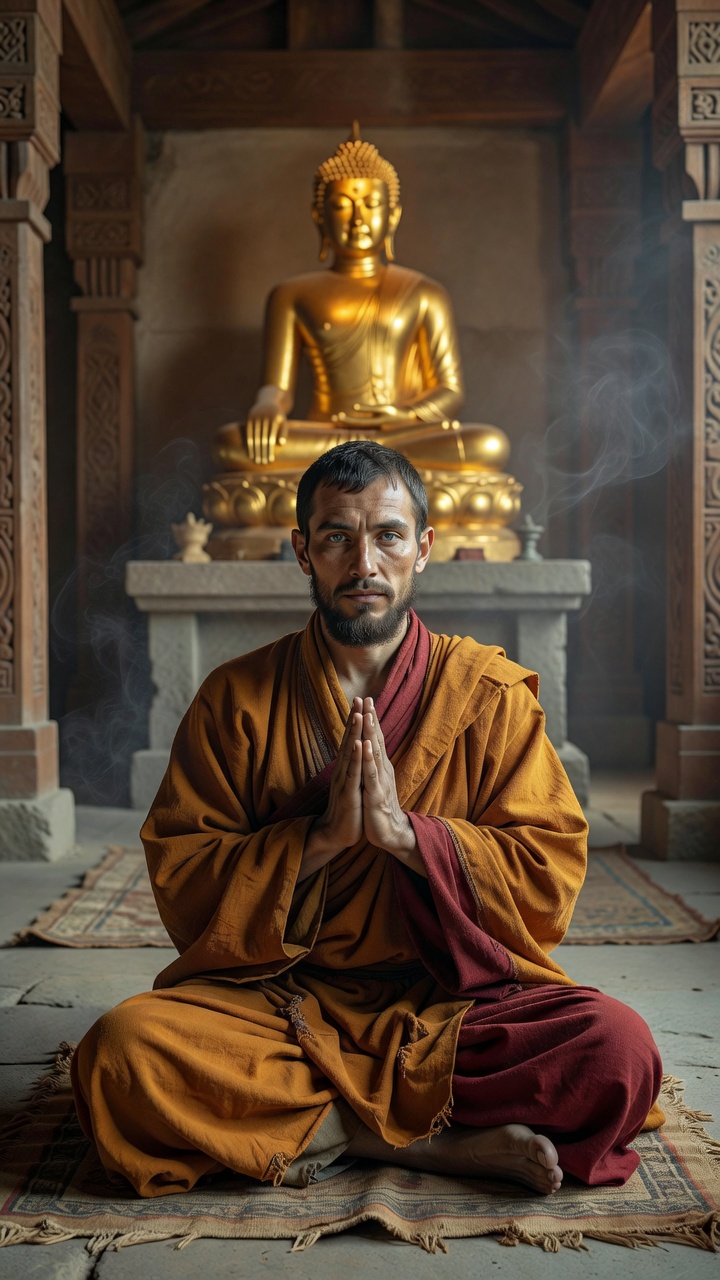 photorealistic, RAW photo, a Scythian pastoral chieftain who has become a Buddhist master, seated in lotus position inside an ancient monastery, Russian steppe pastoralist coloring and features, weath