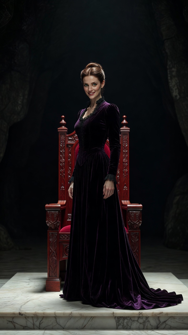 photorealistic, RAW photo, a tall extremely thin forty-something Irish woman of noble bearing stands on a pale marble dais before a richly carved cherrywood throne in a dark featureless cavern, auburn