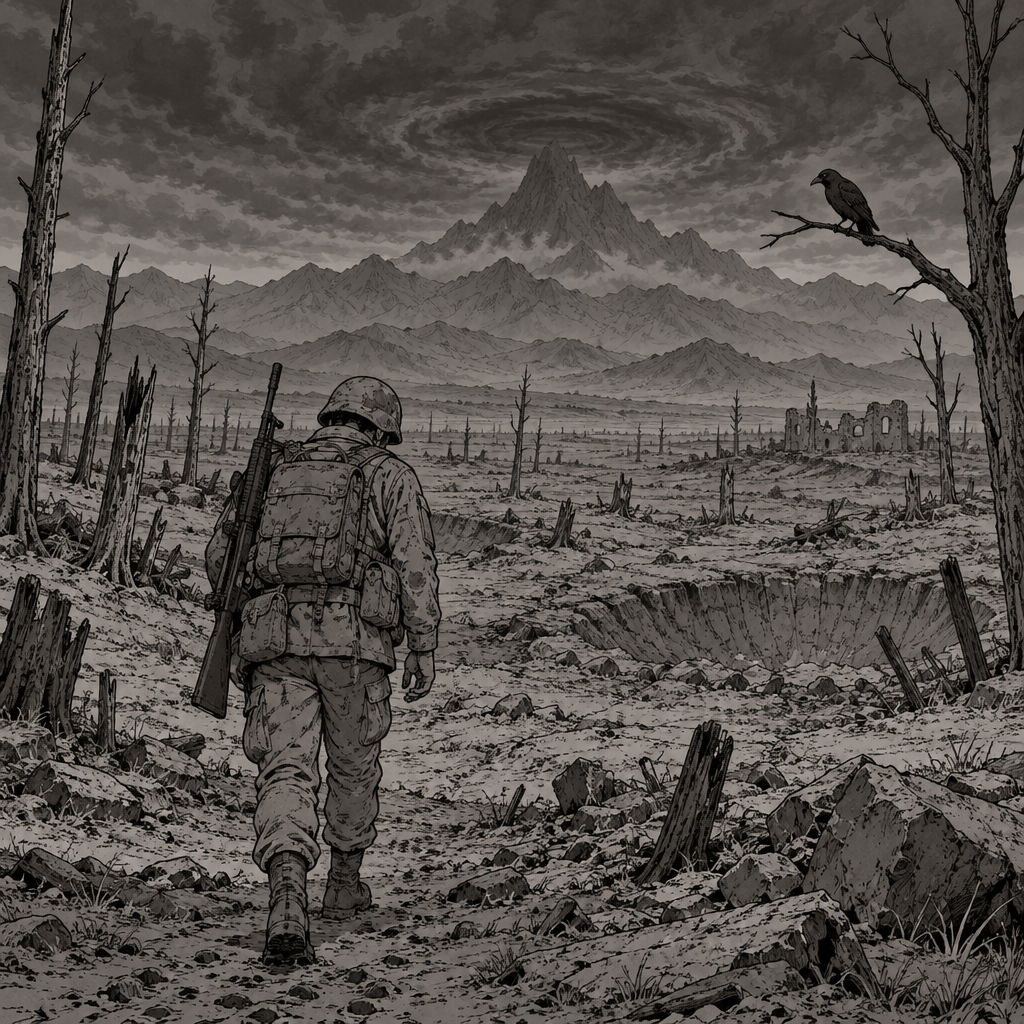 Line art style with anime influences, A landscape dotted by sparse trees with the occasional low hill and sizable crater, some trees are stripped of branches and others are shattered but very few of t