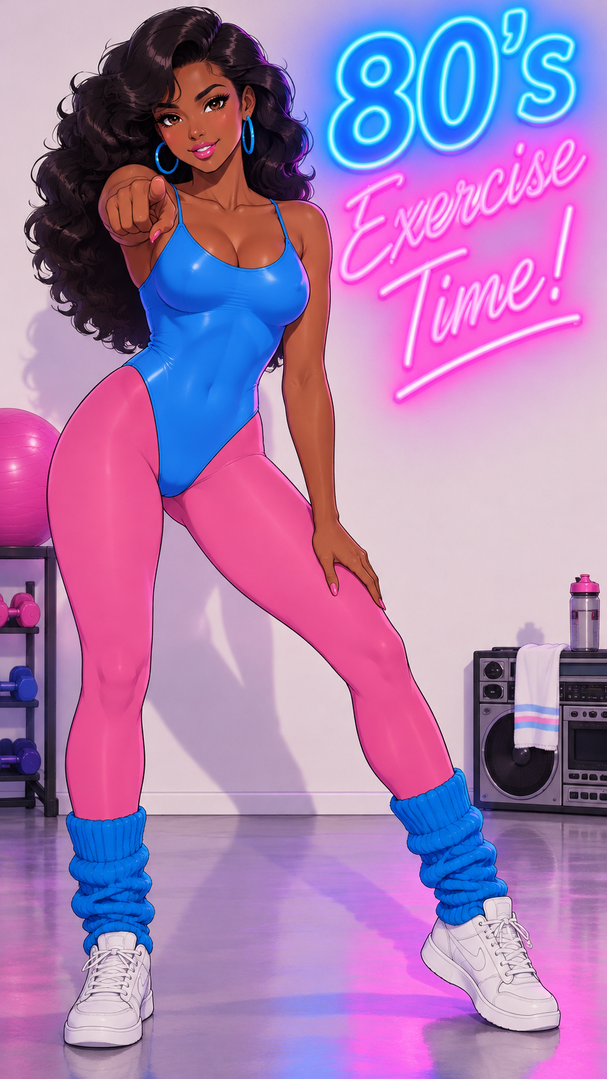 A full length modern anime style, bold clean outlines, cel shading, detailed image of a stunning young black woman with voluminous dark hair styled in classic 1980s waves, captured in an authentic aer