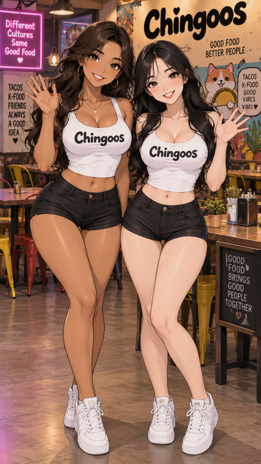 A full length modern anime style, bold clean outlines, cel shading, detailed image of two young, beautiful women with their hair styled in gentle waves. One of the women is Latina with bronze skin and