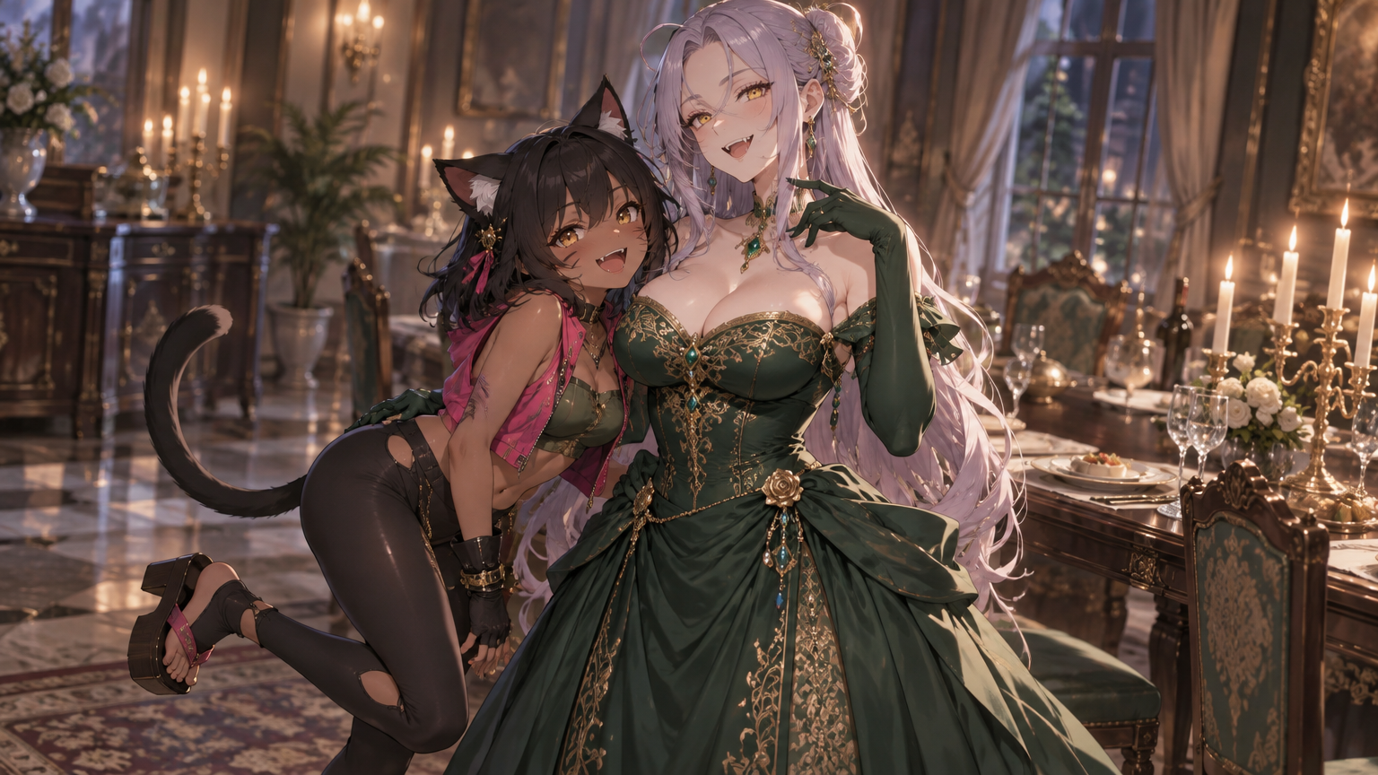 anime style, 2girls, size difference, full body, indoors, dining room, western aesthetic, anime coloring, mizuyuki_(original), petite catgirl, dark skin, dark hair, black cat ears, fangs, cheek whiske