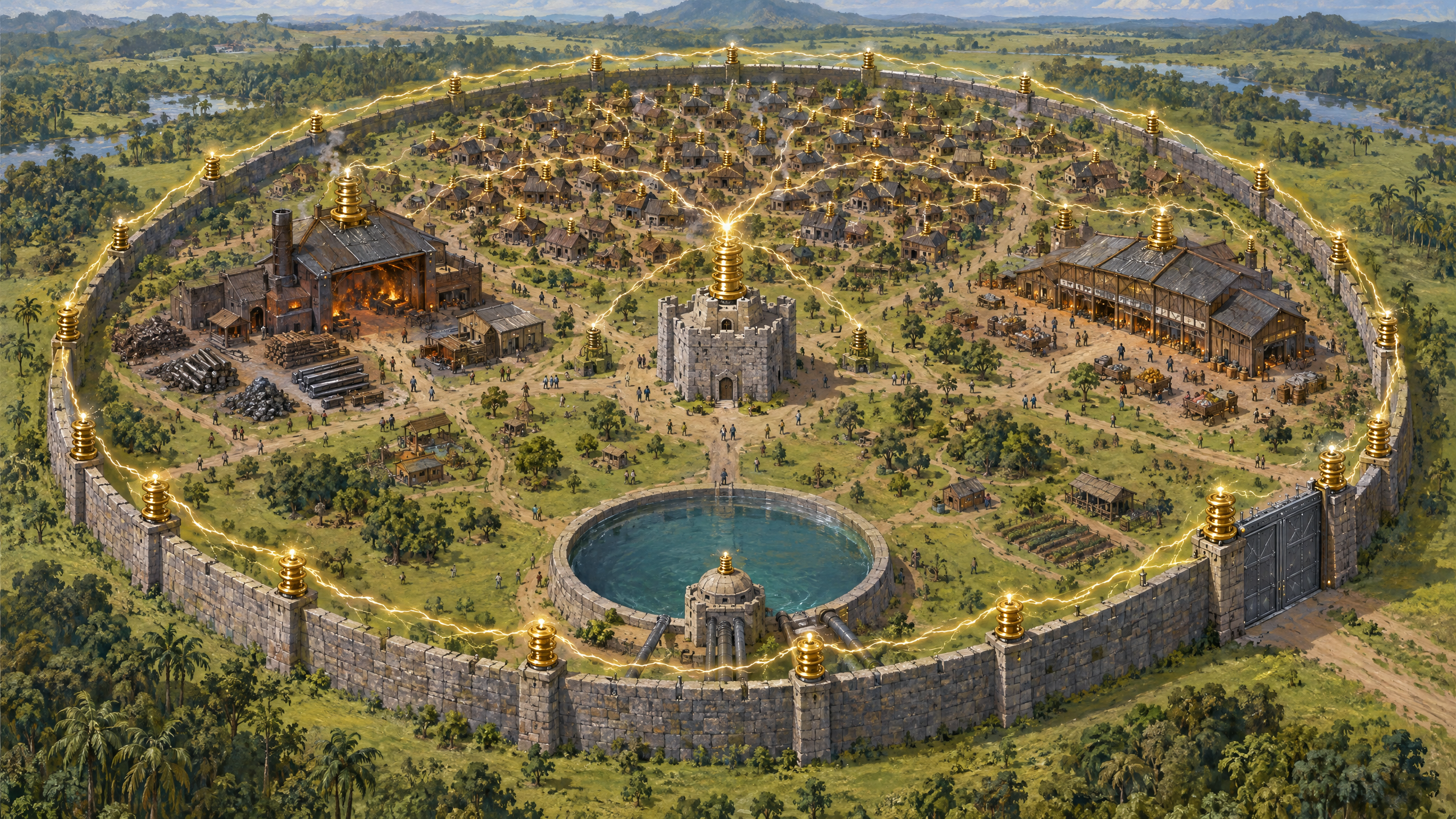 Uma pintura a óleo de um assentamento construído em uma planície verdejante brasileira contendo uma muralha de blocos de pedra, redonda, com bobinas elétricas de ouro na parte de cima, circulando a mu
