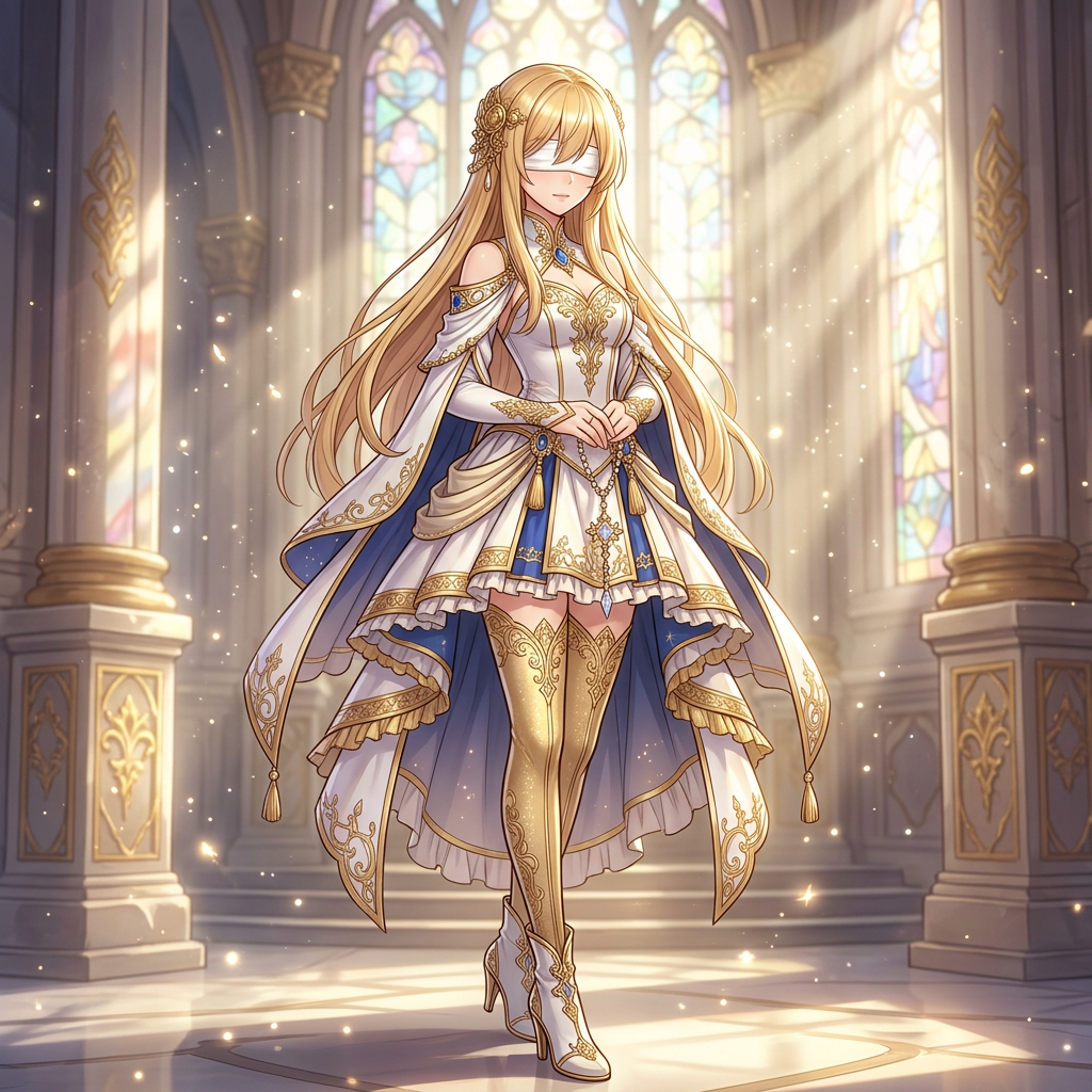 An image of a stylish fantasy character, 2D anime, very fashionable. A young woman cleric with beautiful blond hair and two long bangs over the white pure cloth she wears over her eyes. She wears a sh