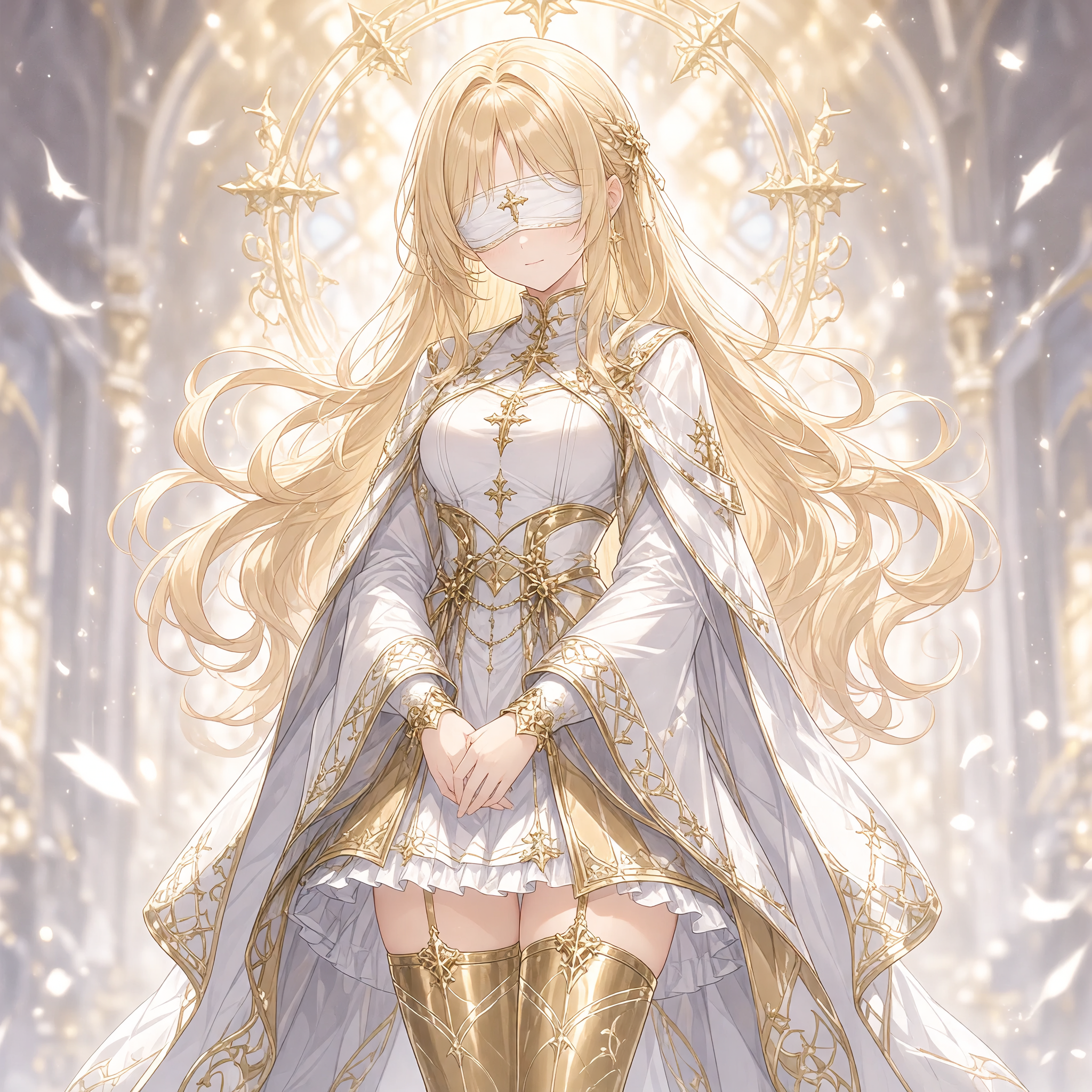An image of a stylish fantasy character, 2D anime, very fashionable. A young woman cleric with beautiful blond hair and two long bangs over the white pure cloth she wears over her eyes. She wears a sh
