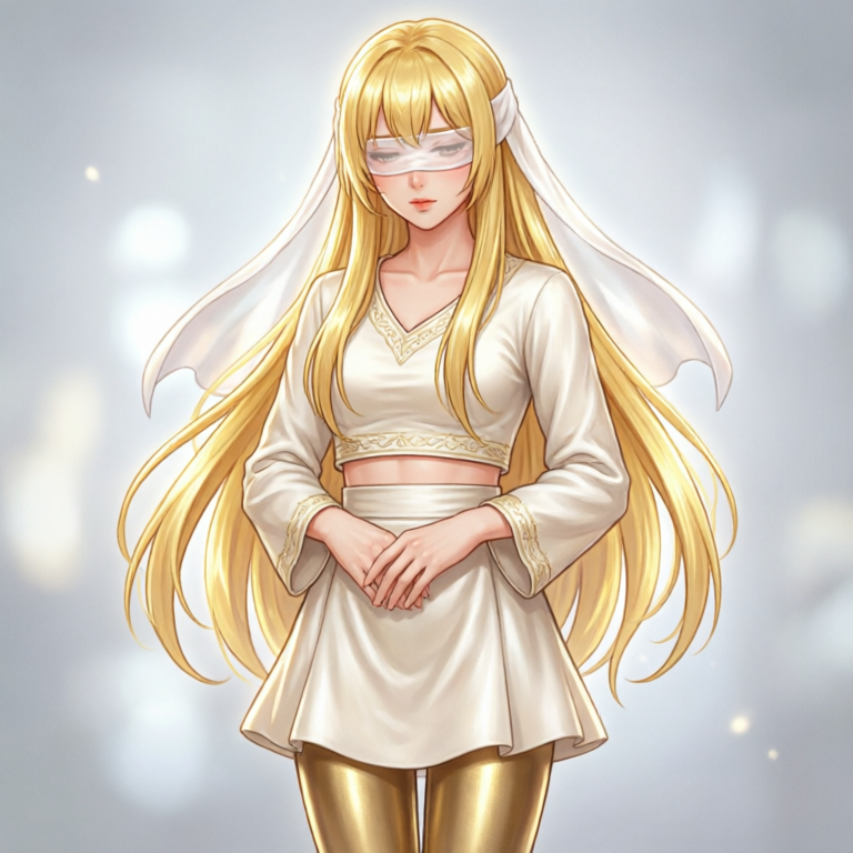 An image of a stylish fantasy character, 2D anime, very fashionable. A young woman cleric with beautiful blond hair and two long bangs over the white pure cloth she wears over her eyes. She wears a sh
