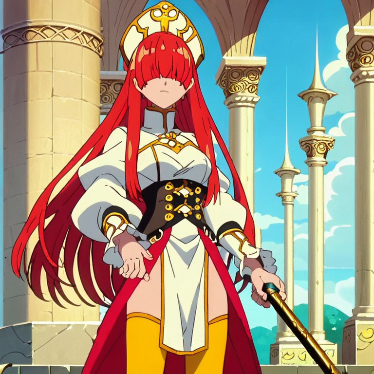 An image of a stylish fantasy character, 2D anime, very fashionable. A young woman cleric with beautiful blond hair and two long bangs over the white pure cloth she wears over her eyes. She wears a sh