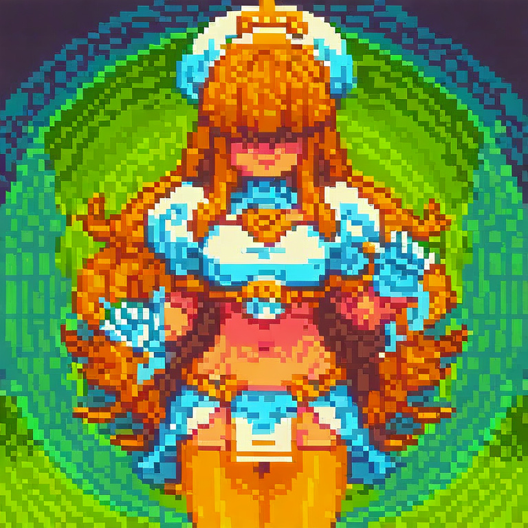 An image of a stylish fantasy character, 2D anime, very fashionable. A young woman cleric with beautiful blond hair and two long bangs over the white pure cloth she wears over her eyes. She wears a sh