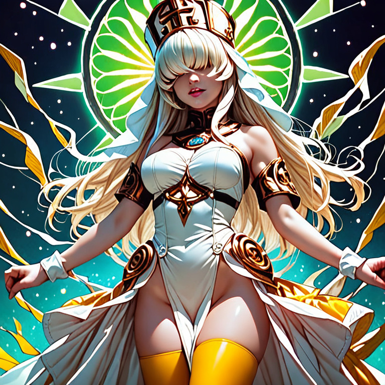 An image of a stylish fantasy character, 2D anime, very fashionable. A young woman cleric with beautiful blond hair and two long bangs over the white pure cloth she wears over her eyes. She wears a sh