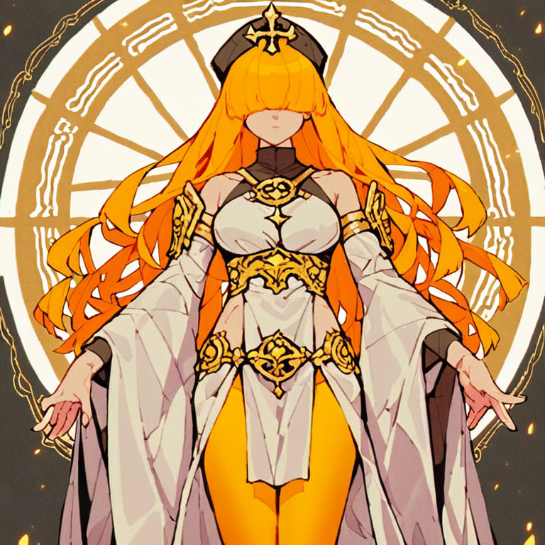 An image of a stylish fantasy character, 2D anime, very fashionable. A young woman cleric with beautiful blond hair and two long bangs over the white pure cloth she wears over her eyes. She wears a sh