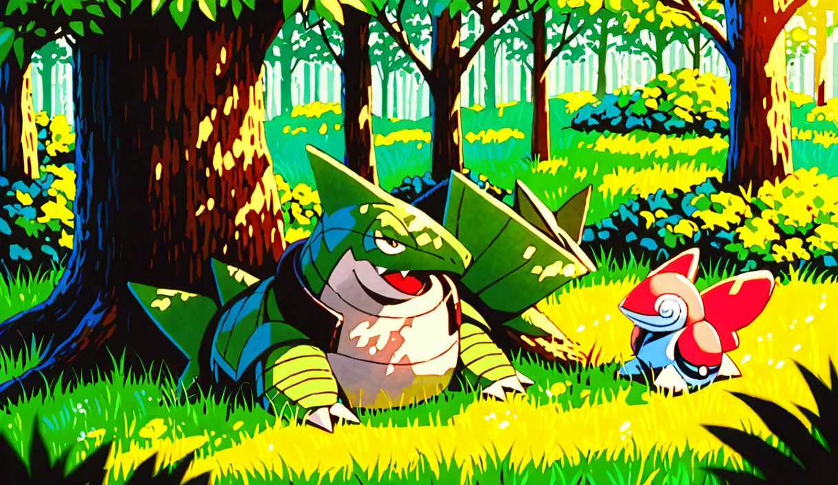 anime style, tyranitar sitting, leaning against a tree, tail loosely laying on the left, looking up, eyes closed, relaxed look, pokemon, large kaiju-like creature, green rocky hide, armor plates, thic