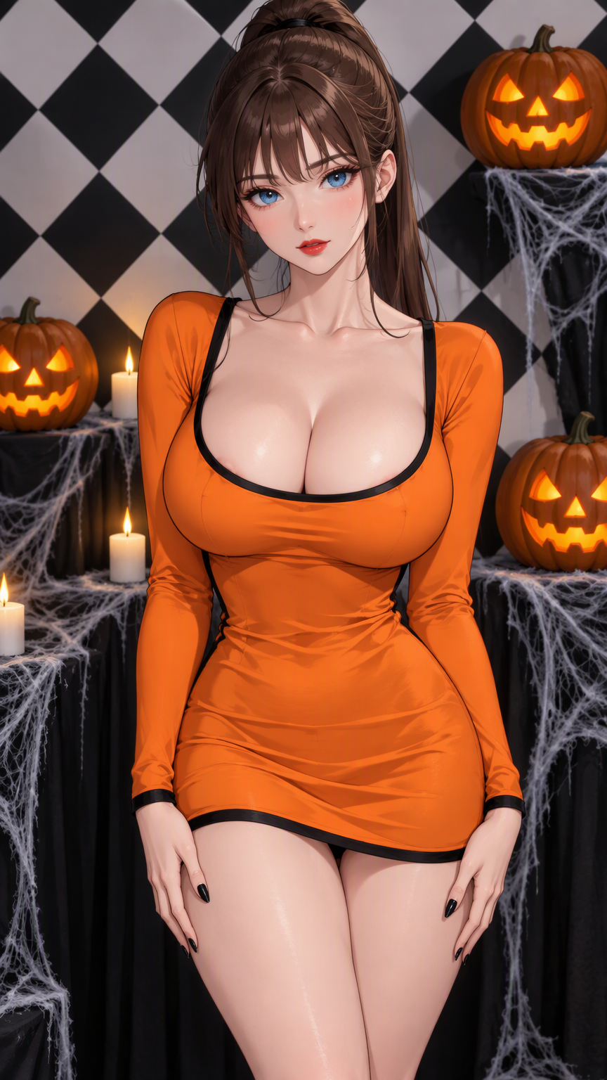 High level description •A full length modern anime style, bold clean outlines, cel shading, detailed image of a beautiful busty young brunette woman with porcelain skin, blue eyes, delicate features, 
