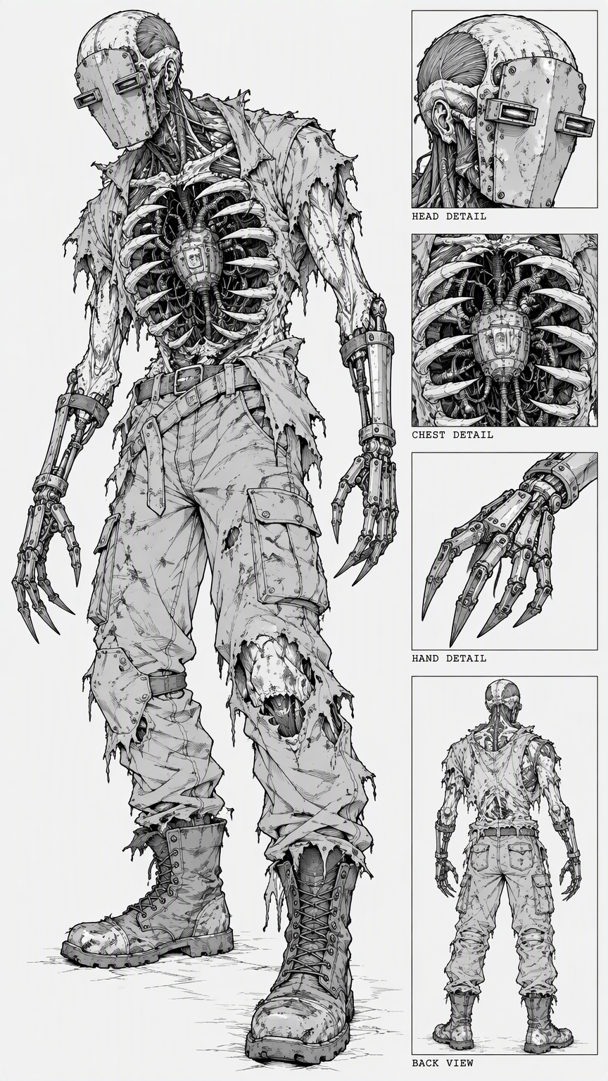Line art of a cyborg zombie, It wears a pair of ragged combat boots and cargo pants with remnants of a combat shirt over it's shoulders and lower body, partially tucked into it's cargo pants. It's ste
