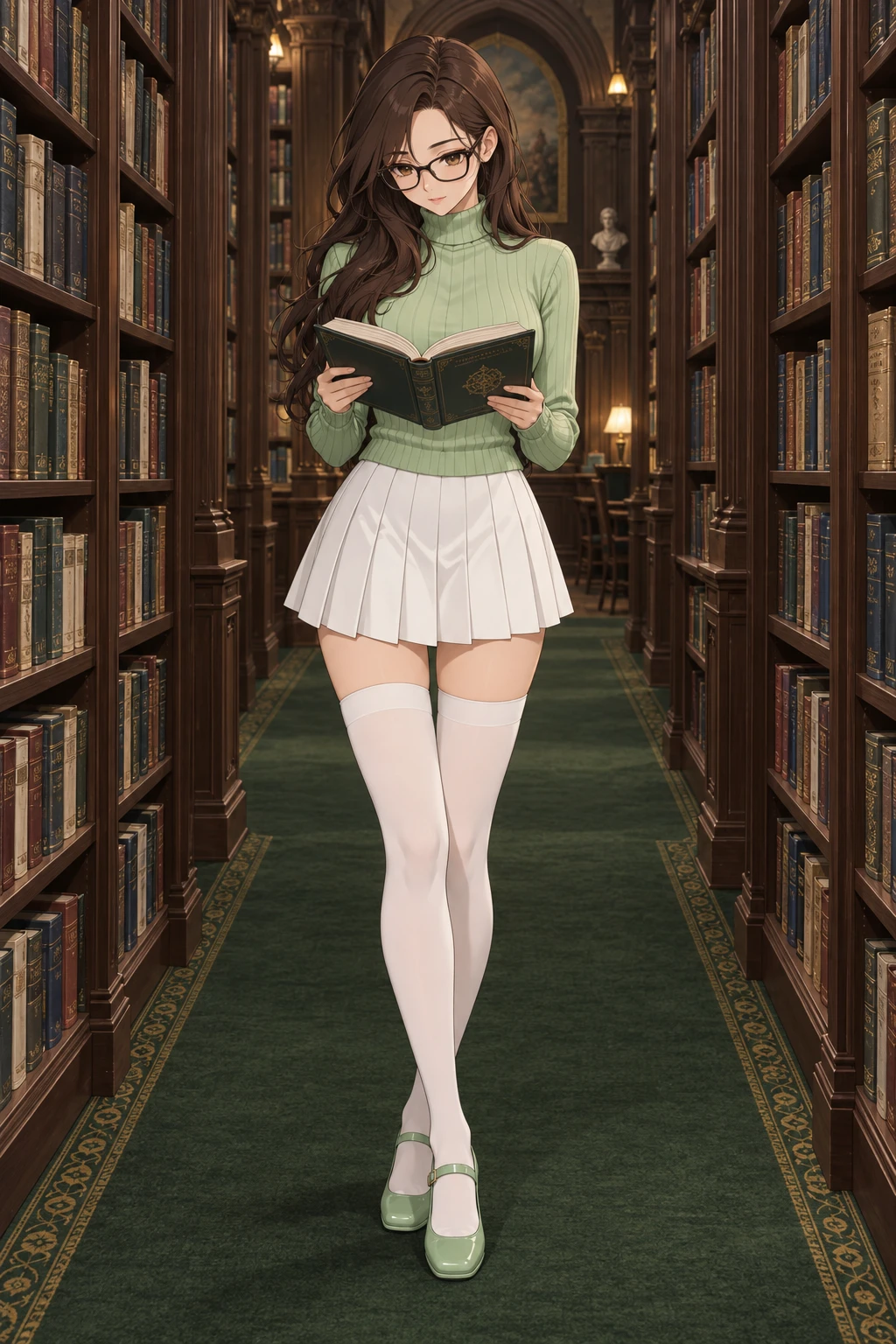 High level description

    •A full length modern anime style, bold clean outlines, cel shading, detailed image of a beautiful young brunette woman in a pastel green turtleneck, white pleated skirt, a