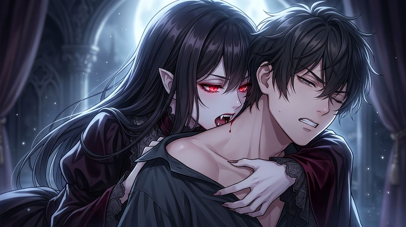 anime style, 1girl, 1boy, biting shoulder, fangs sinking into shoulder, neck bite, leaning over from behind, predatory embrace, clasping collarbone, puncturing skin with sharp fangs, close-up on fang 