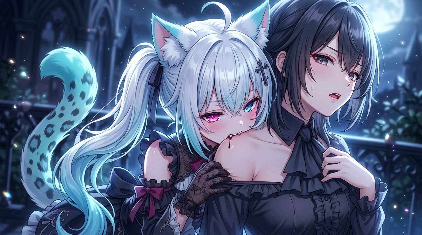 anime style, 2girls, biting shoulder, fangs sinking into shoulder, neck bite, leaning over from behind, predatory embrace, clasping collarbone, puncturing skin with sharp fangs, close-up on fang bite,