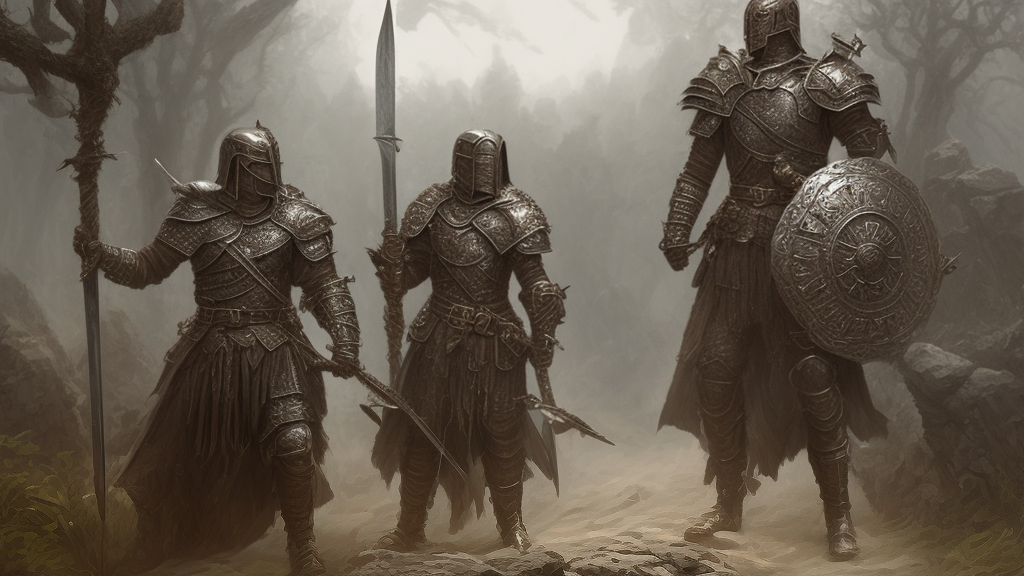 D&D art style Fighter class, a battle-hardened human fighter in worn plate and mail, sword and kite shield raised, heroic combat stance on a mossy stone causeway before a ruined castle gate, torn cloa