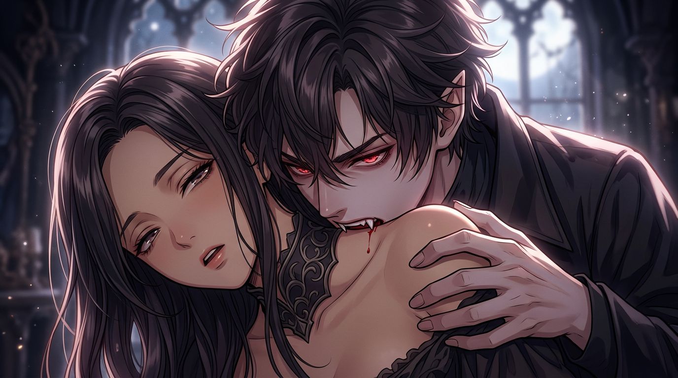 anime style, 1girl, 1boy, biting shoulder, fangs sinking into shoulder, neck bite, leaning over from behind, predatory embrace, clasping collarbone, puncturing skin with sharp fangs, close-up on fang 
