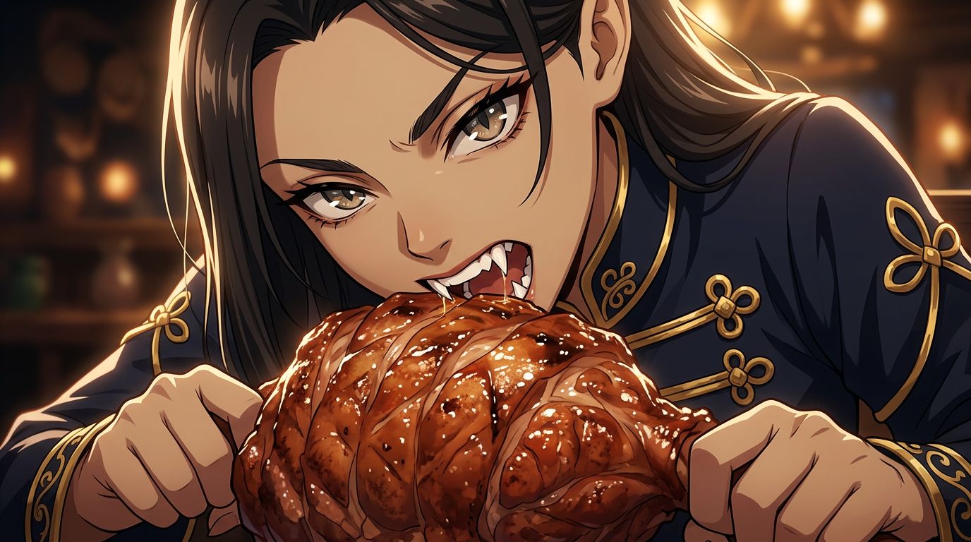 anime style, 1girl, biting shoulder, fangs sinking into shoulder, shoulder bite, leaning over from behind, predatory embrace, pork shoulder, pork meat, clasping meat, puncturing skin with sharp fangs,