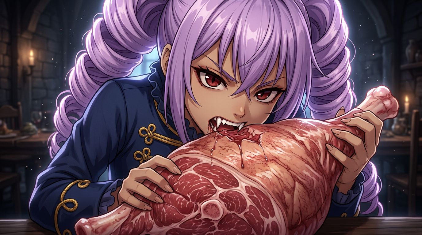 anime style, 1girl, vampire, biting pork shoulder, fangs sinking into meat, shoulder bite, leaning over from behind, predatory embrace, clasping meat, puncturing skin with sharp fangs, close-up on fan