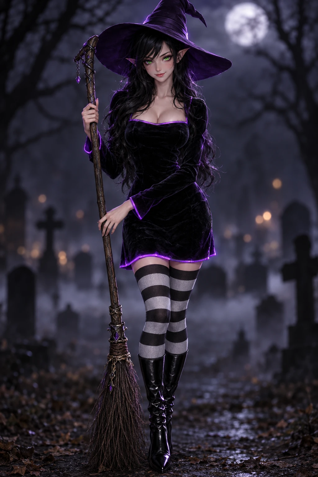 A full-body digital fashion portrait in a modern anime style, featuring a fit 18-year-old young elven woman standing in a static full-length portrait pose. She has smooth, hyper-detailed porcelain ski